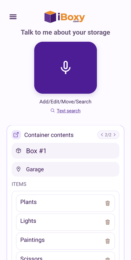 iBoxy app screenshot showing Box #1 in the garage with an item list