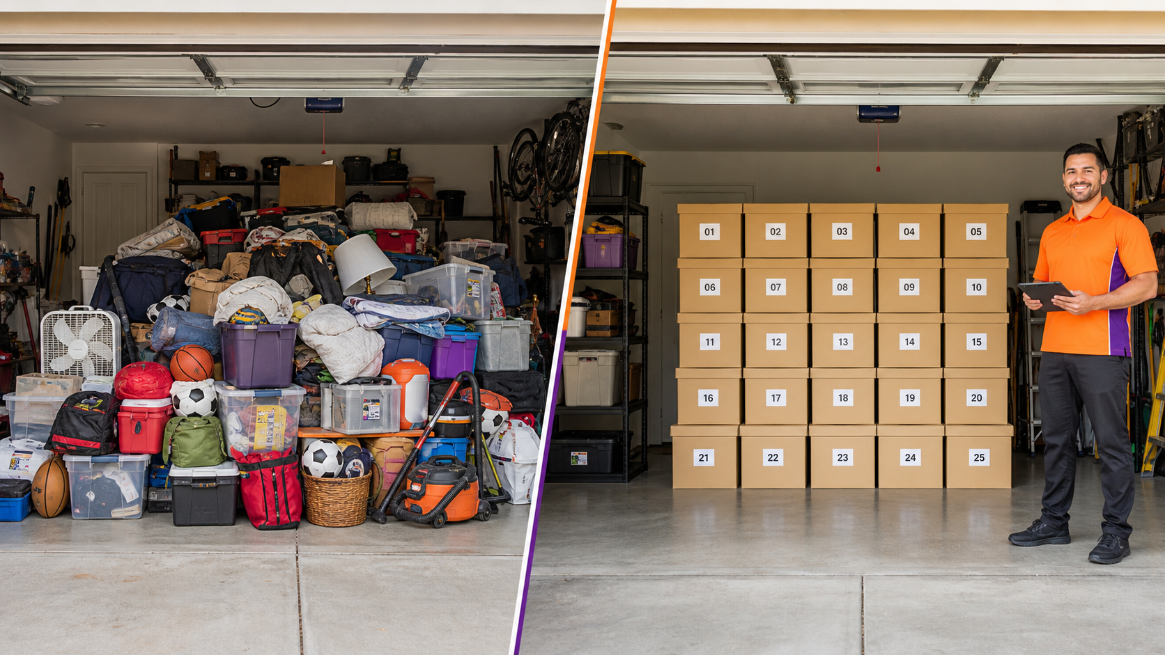 Before and after garage storage transformation with numbered boxes